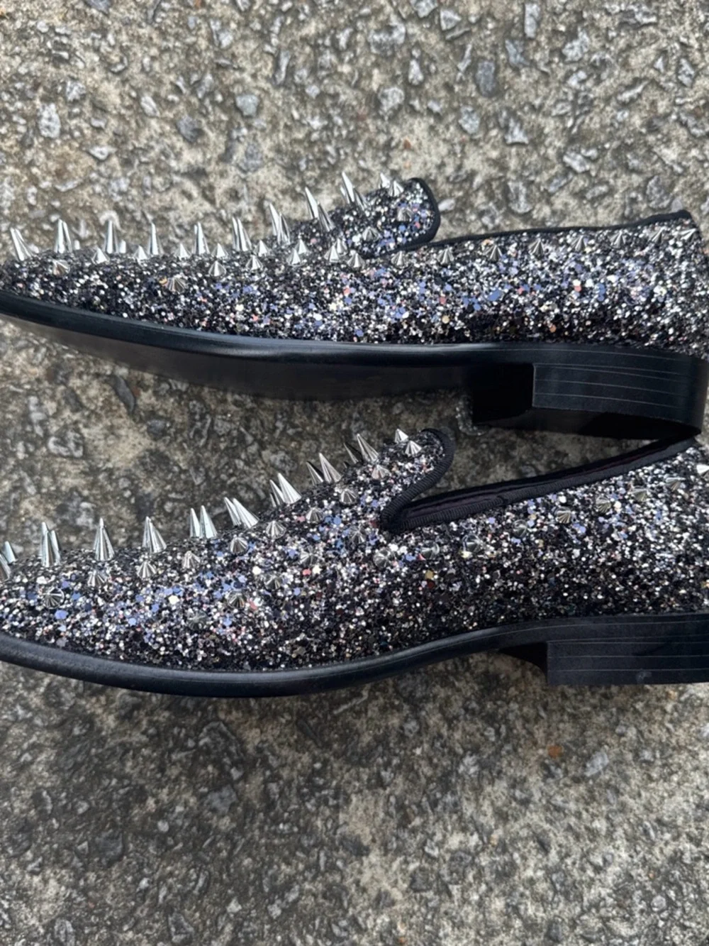 After Minute Black Spikes Slip-On Smoking‎ Men's Prom Dress Shoes Sz 7 Glitter